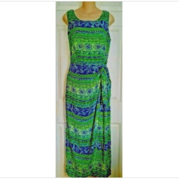 Vintage Boho Silk Dress Green Blue 6 Wrap Cruise - Picture 1 of 7